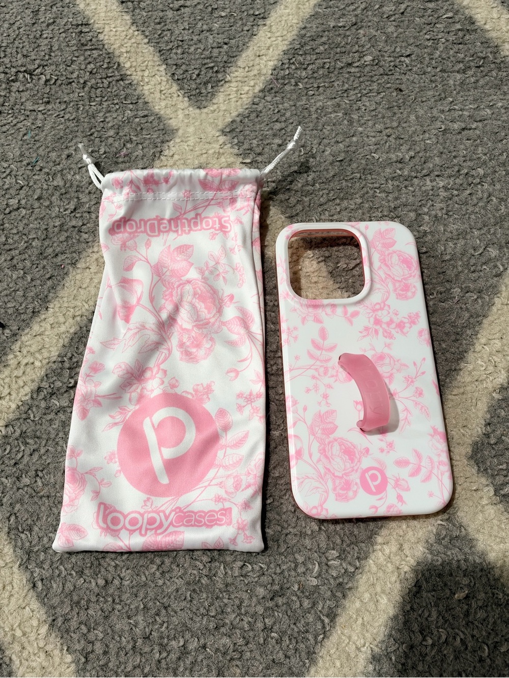 Loopy Case White + Pink Toile Floral Phone Case with Loop Strap and pouch